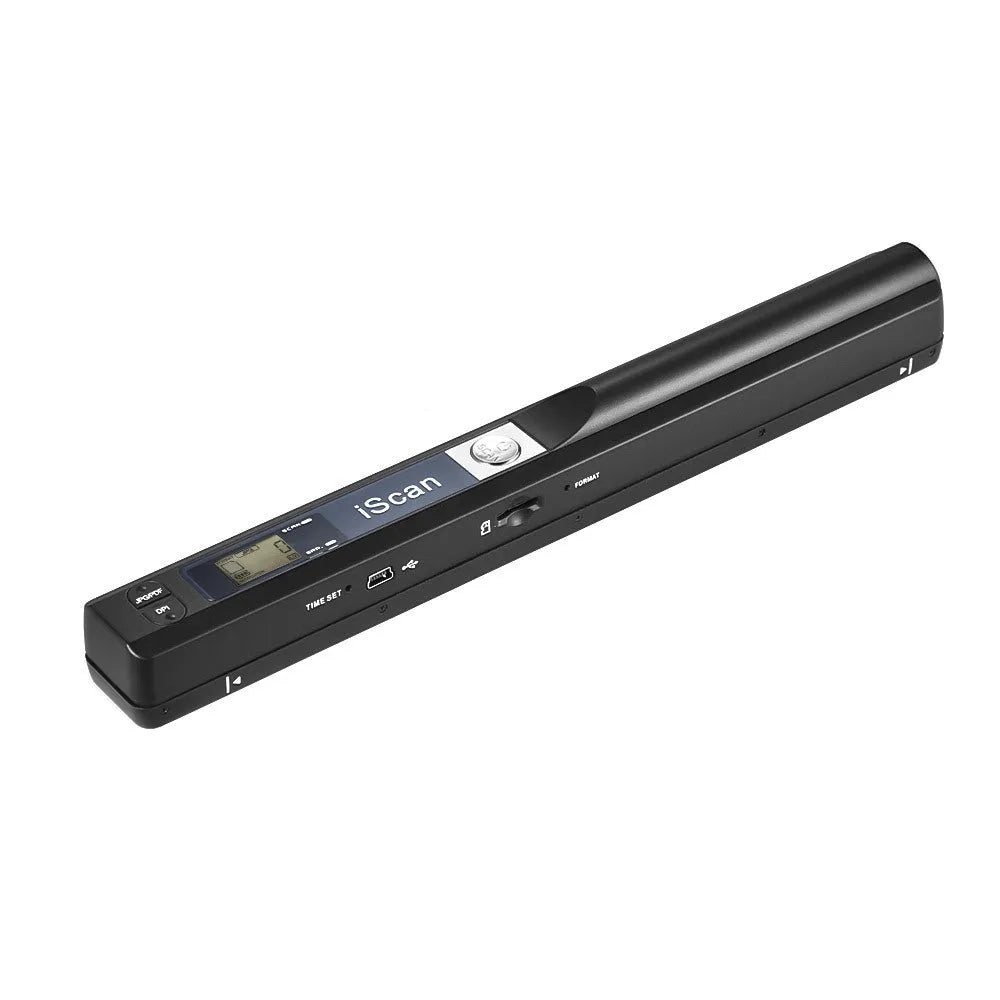 Handheld plastic scanner shown in black, blue, green, red, and silver colour options on a white background.