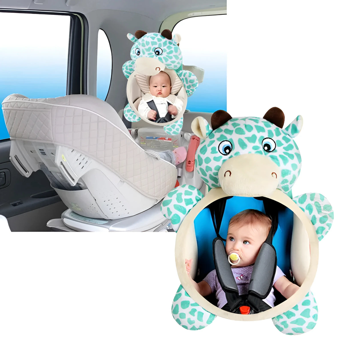 Adjustable safety car baby mirror with 360-degree rotation, acrylic surface and animal super soft short plush cover