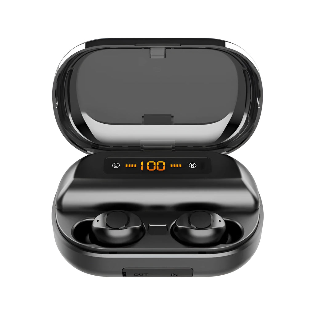 Wireless Bluetooth headset earbud in black with battery display