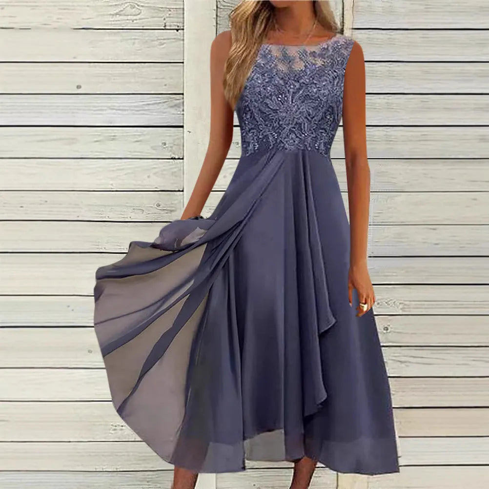 Women's sleeveless mid-length chiffon dress with lace detailing in blue, green, or purple