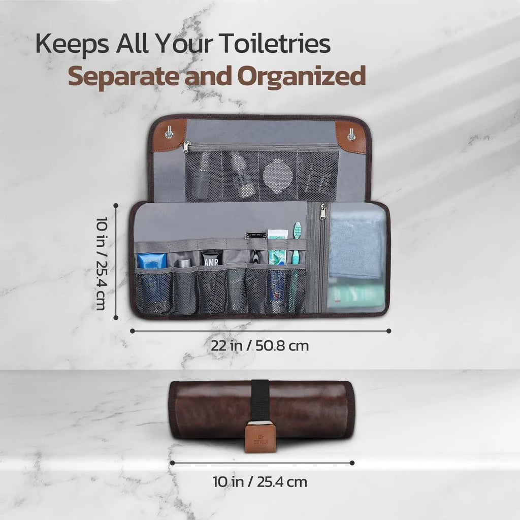 Men's black and light brown PU leather travel wash buggy bag for toiletries organisation