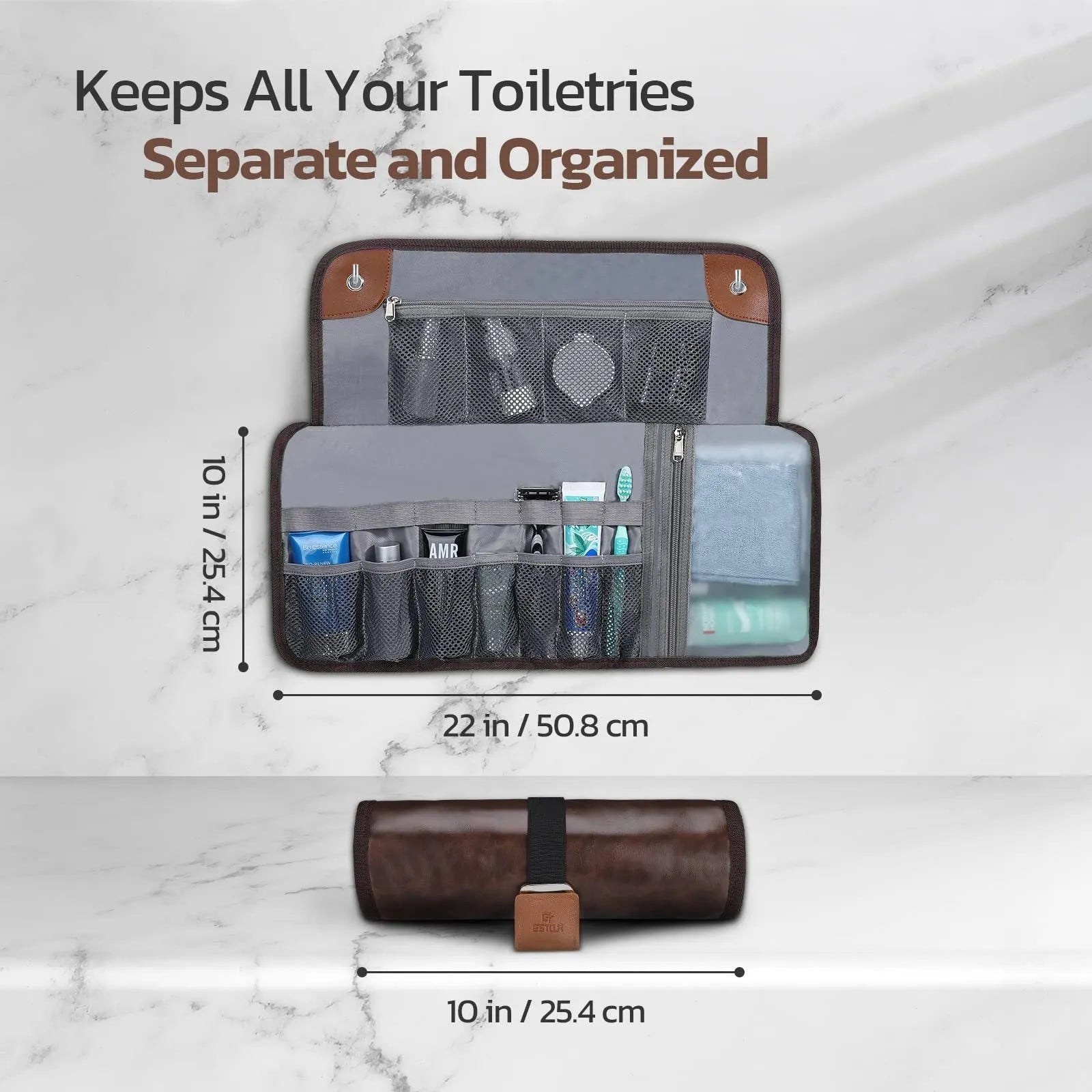 Men's black and light brown PU leather travel wash buggy bag for toiletries organisation