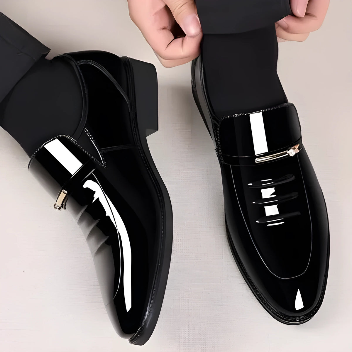 Men's business patent leather shoes in black or light brown, artificial PU upper, sizes 38-48