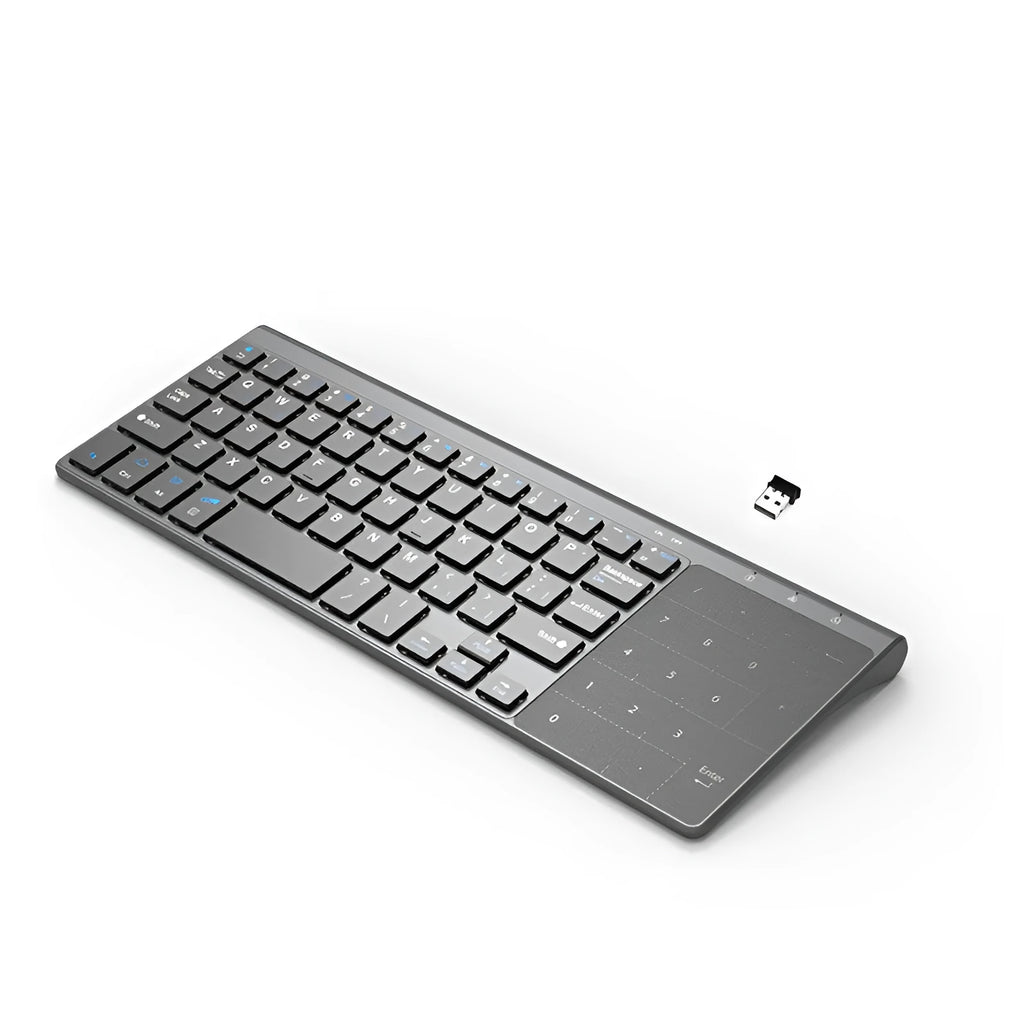 Compact black wireless keyboard with 59 keys, low battery alarm, and ≤10m wireless range