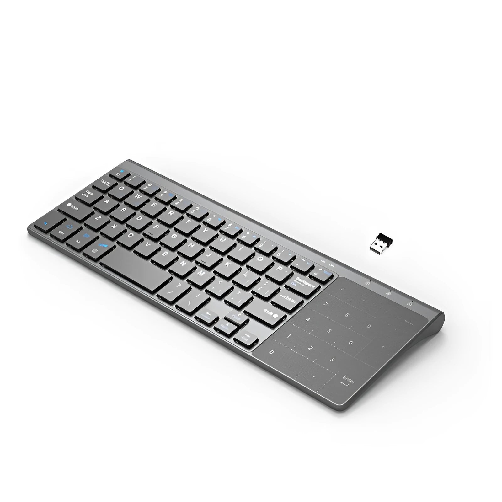Compact black wireless keyboard with 59 keys, low battery alarm, and ≤10m wireless range