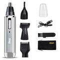Blue electric shaver with multiple trimming attachments for nose hair, sideburns, and eyebrows.