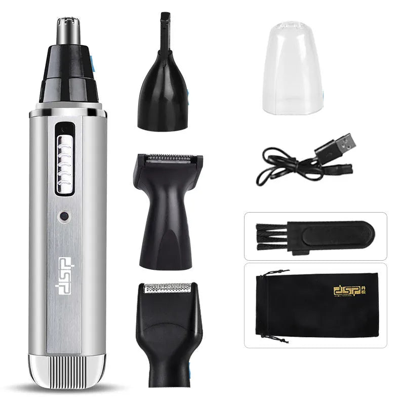 Blue electric shaver with multiple trimming attachments for nose hair, sideburns, and eyebrows.
