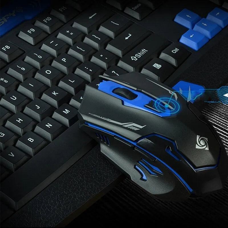 HK8100 2.4G wireless gaming keyboard mouse combo in black and blue with ergonomic design and waterproof feature
