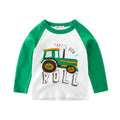 Children's long sleeve t-shirt with car pattern in green, soft fabric, neutral fit for boys and girls ages 3-8