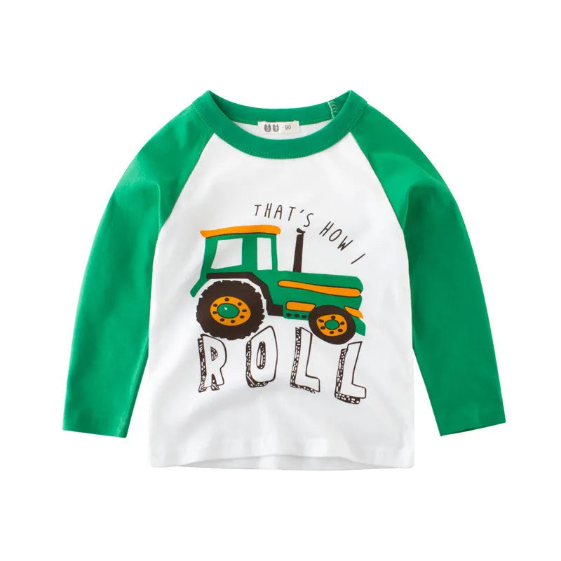 Children's long sleeve t-shirt with car pattern in green, soft fabric, neutral fit for boys and girls ages 3-8