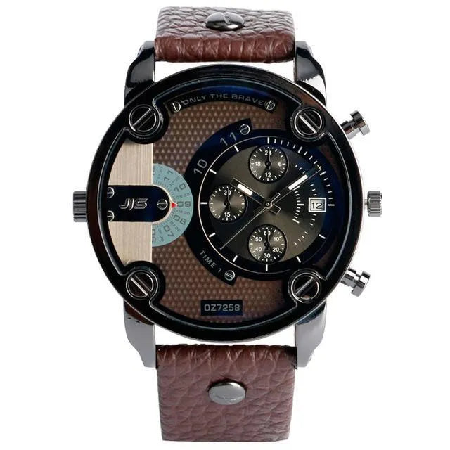 Modern large round watch with 43mm dial, black leather strap, and date window on a white background