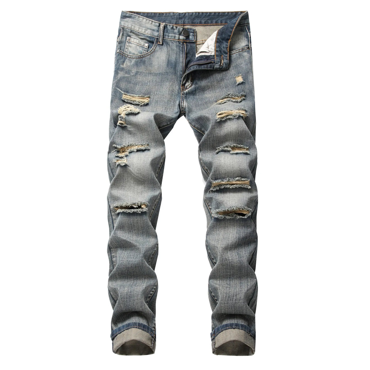 Men's ripped straight denim trousers in dark blue mid-waist straight-leg cotton blend casual jeans