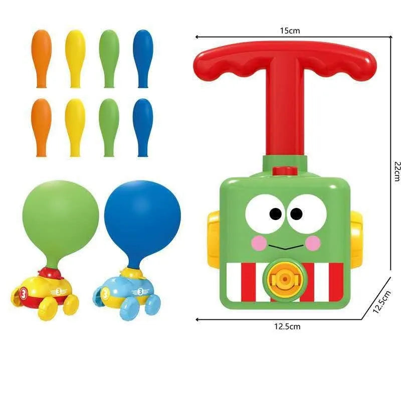 Children's air balloon powered car toy with ABS plastic construction, 2 cars, and 12 balloons on a white background