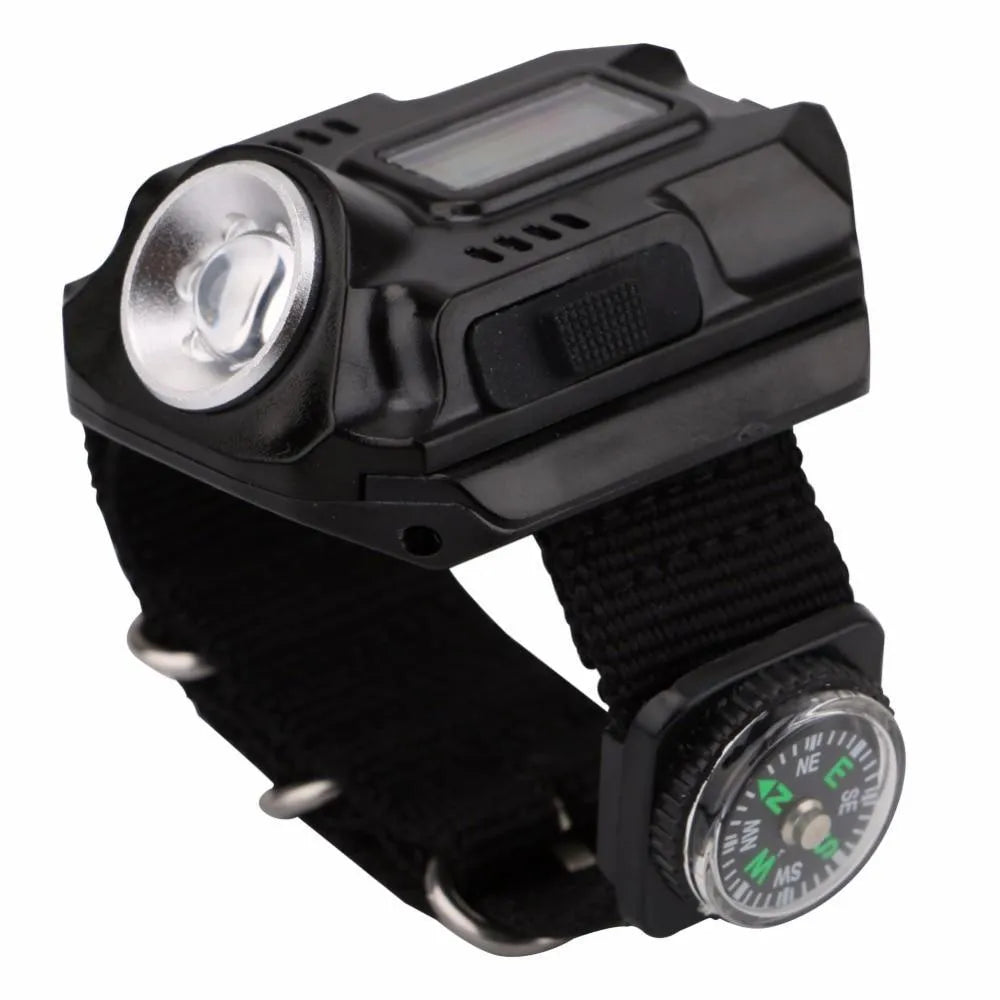 Black LED wrist watch flashlight with USB charging, 4 modes, compass, time display and 22 x 2.4 cm wristband