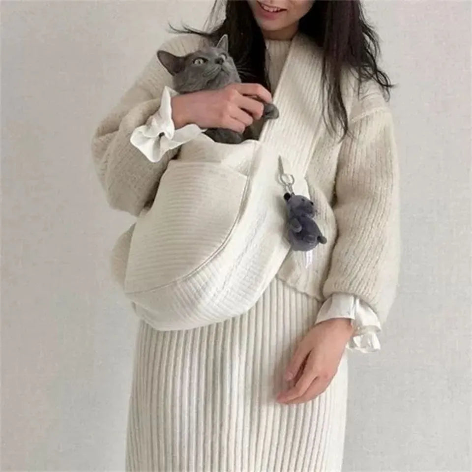 White handmade canvas pet carrier bag for dogs and cats in L size