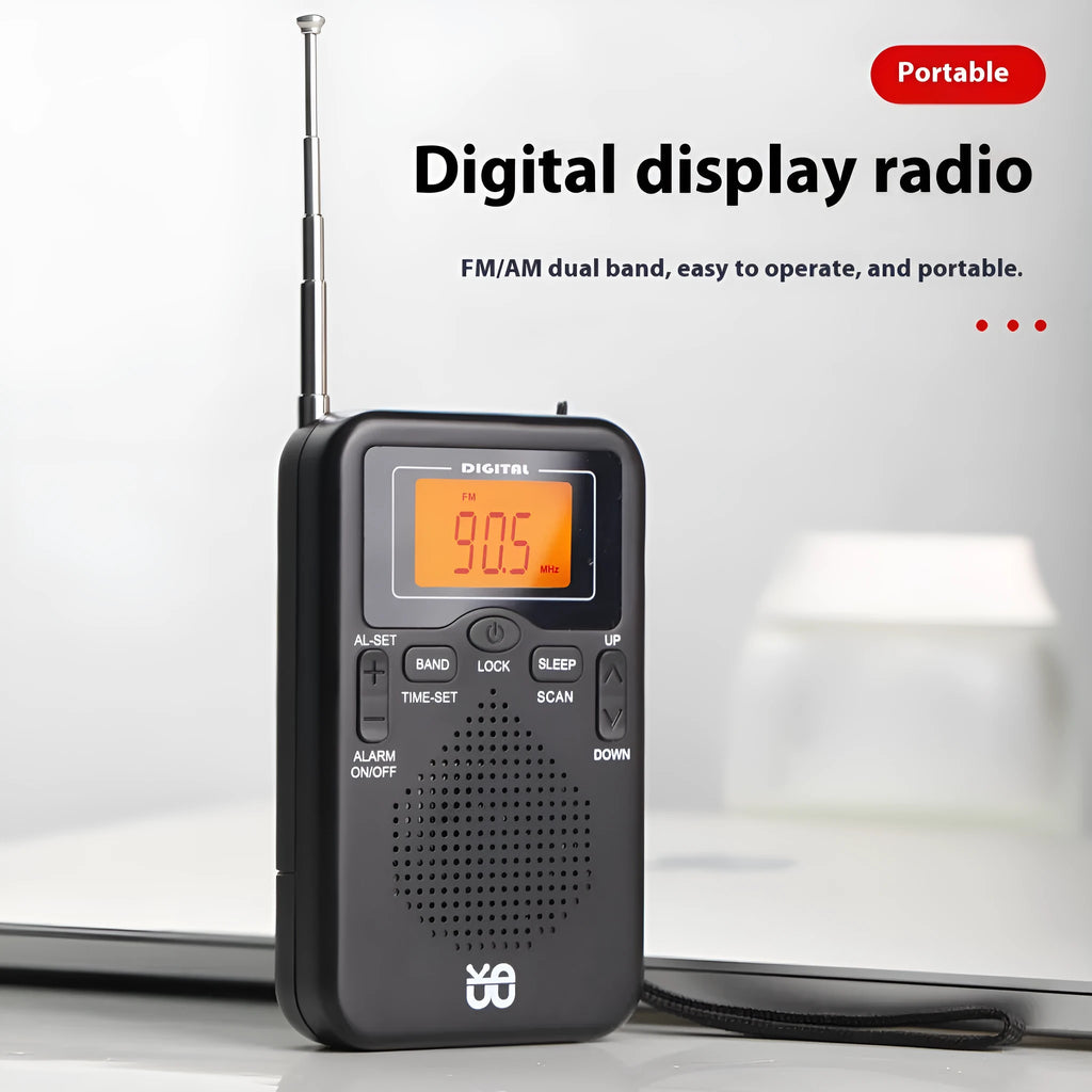 Portable pocket FM AM clock control stereo radio W-206 Black with digital display and built-in speaker on white background