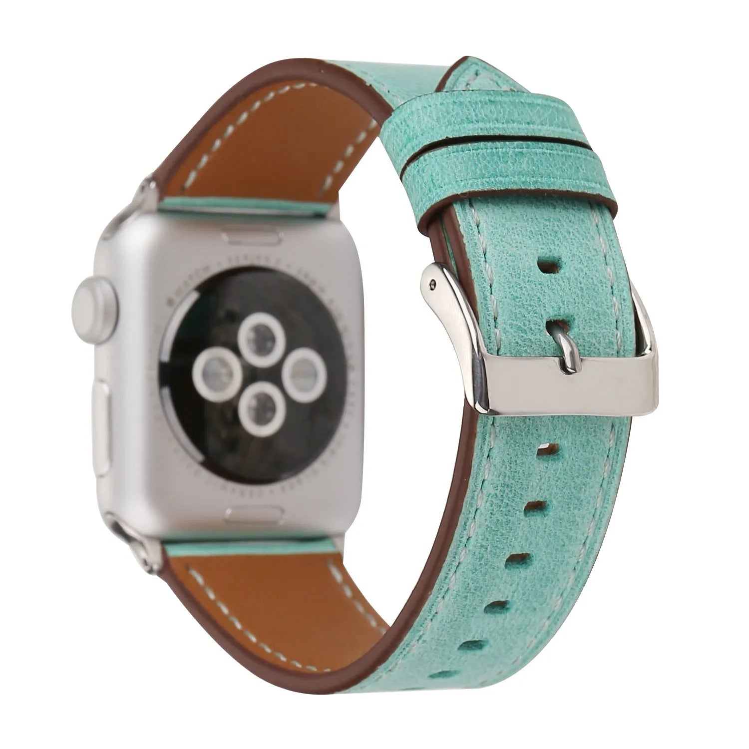 Genuine leather watch strap with a folding buckle in various colours on a grey background.