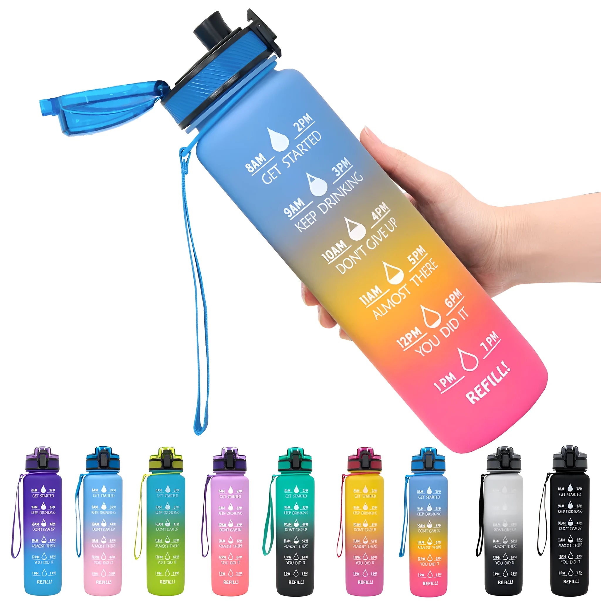 1L Tritan sports water bottle with time markers and flip-top lid in blue-red gradient colour