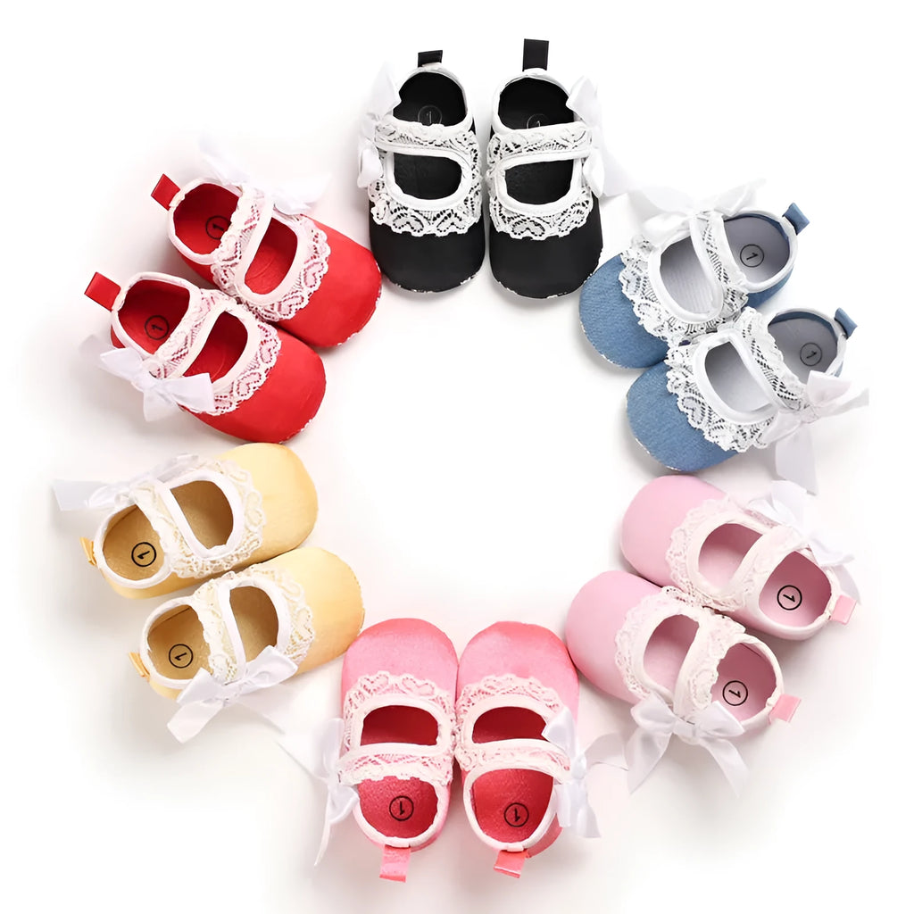 Baby toddler princess shoes with cotton upper, Velcro fastening, and non-slip sole on a white background