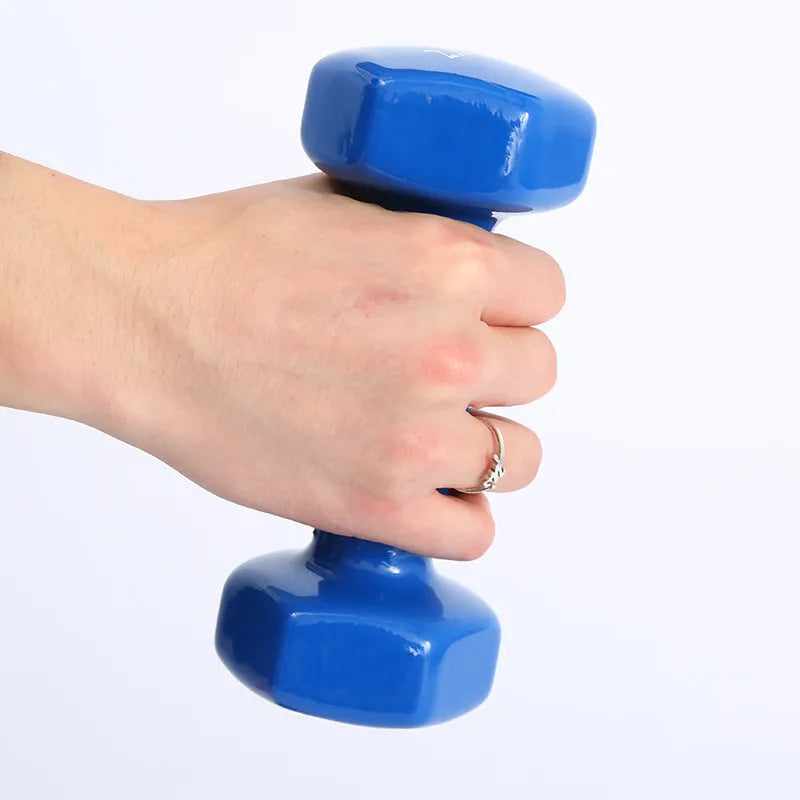 Colourful plastic-coated fitness dumbbells in bright colours showing 0.5kg, 1kg and 1.5kg weight options
