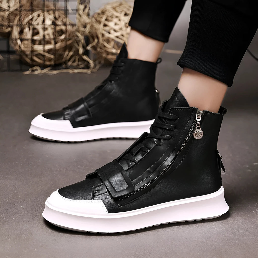 Men's black and white PU leather ankle boots in high-top sneaker style with winter boot design