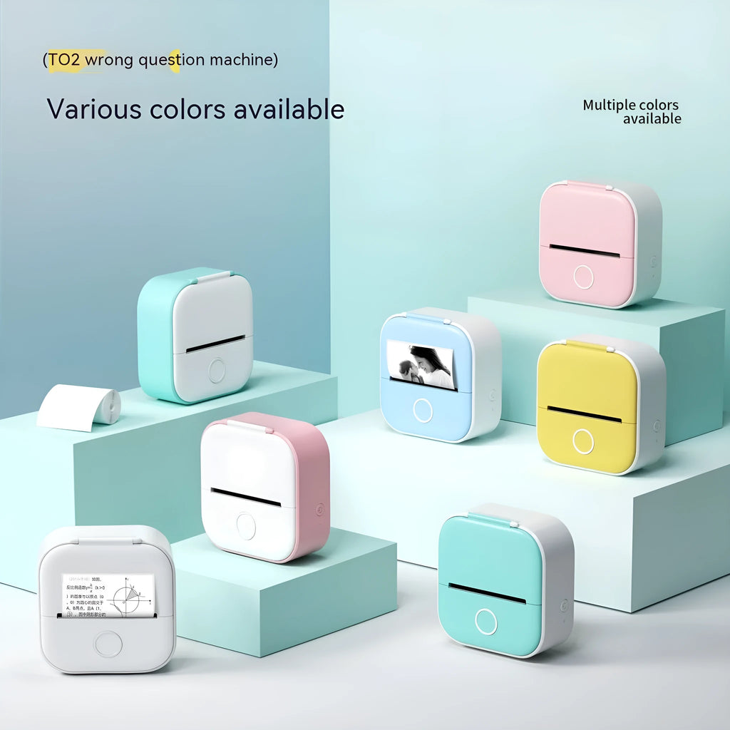 Portable mini thermal label printer in white with Bluetooth, inkless printing, compact 87mm x 90mm x 40mm