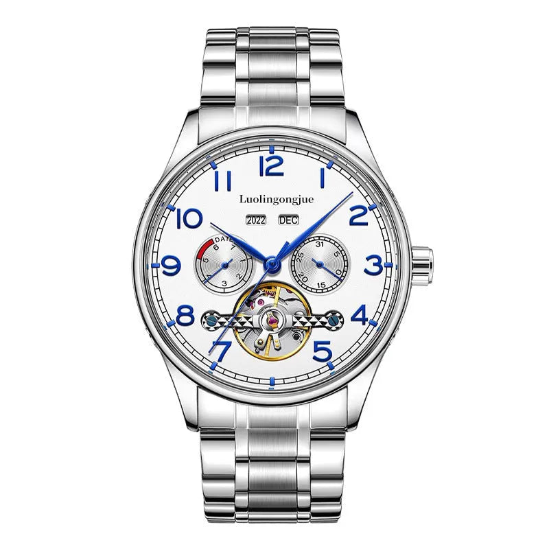Men's stainless steel mechanical watch with hollow dial, sapphire glass, and leather strap.