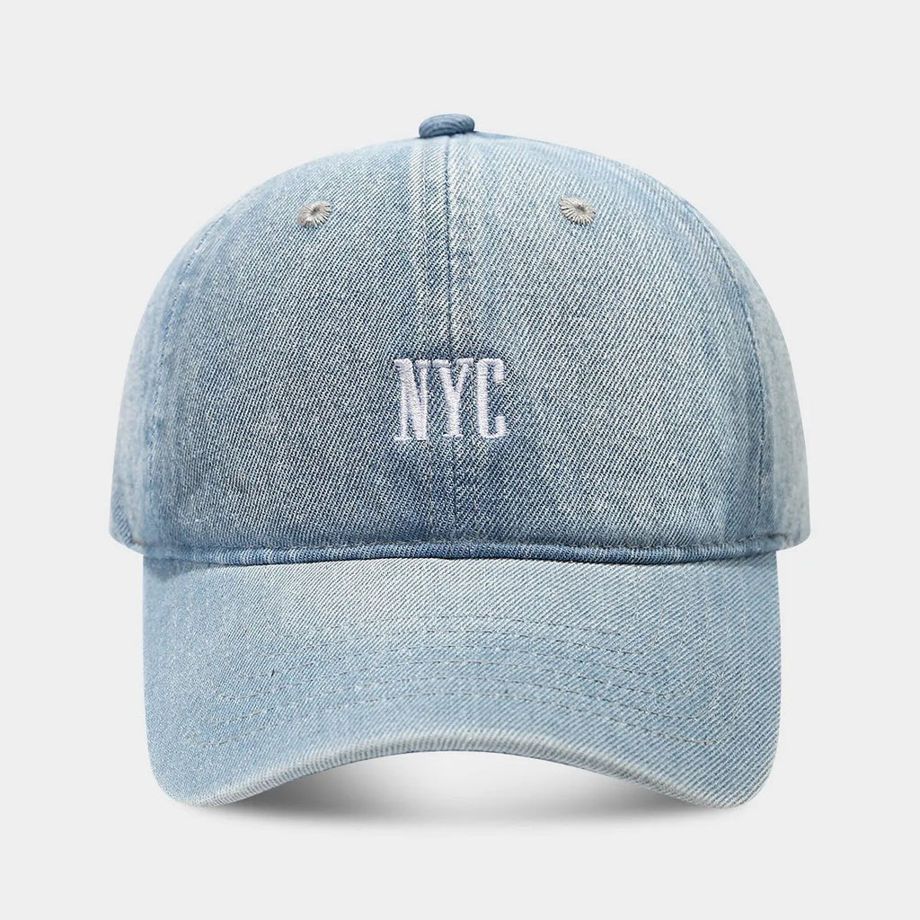Retro denim peaked cap with embroidered letters in adjustable fit