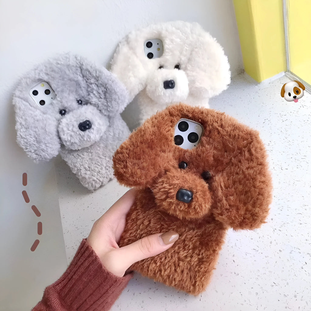 Plush teddy pet dog soft phone case for iPhone in brown colour