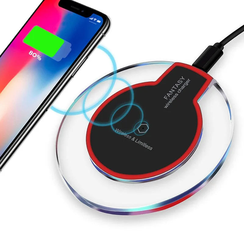 Round black QI wireless charging pad with USB cable for Samsung and iPhone phones