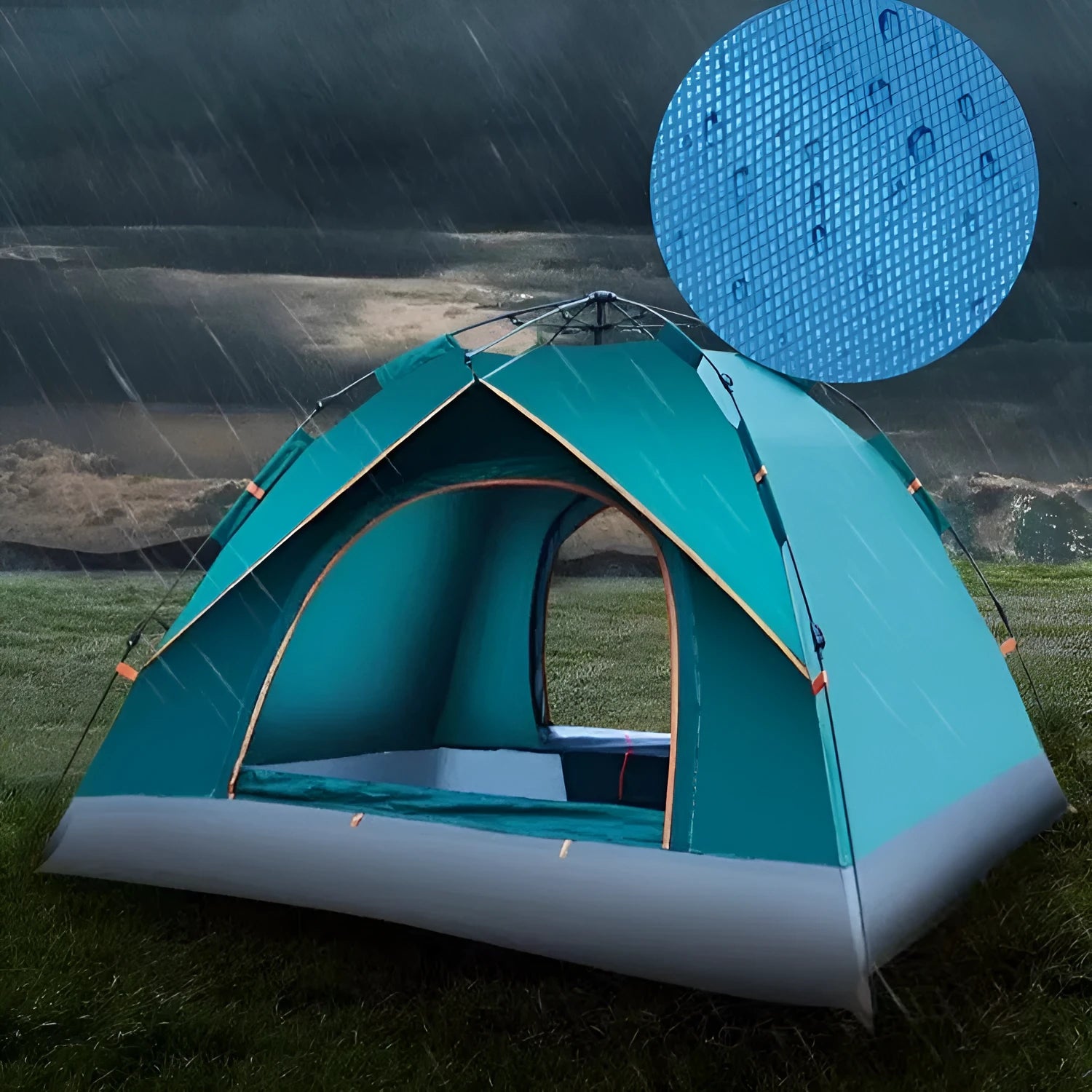 Blue 3-4 person automatic camping tent set up outdoors with rain and sun protection flysheet