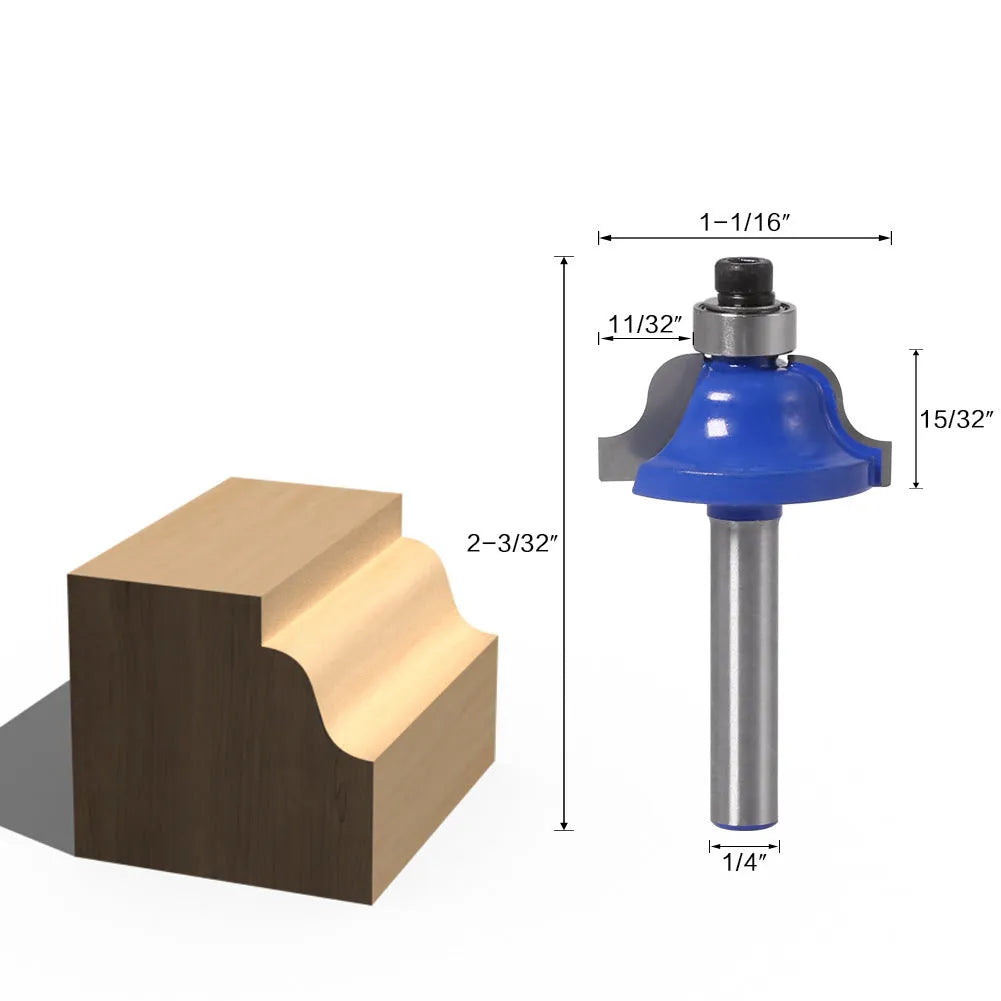 Blue wood cutter head with 1/4 handle, 6.35mm stem, 27mm cutting diameter, and 53mm total length