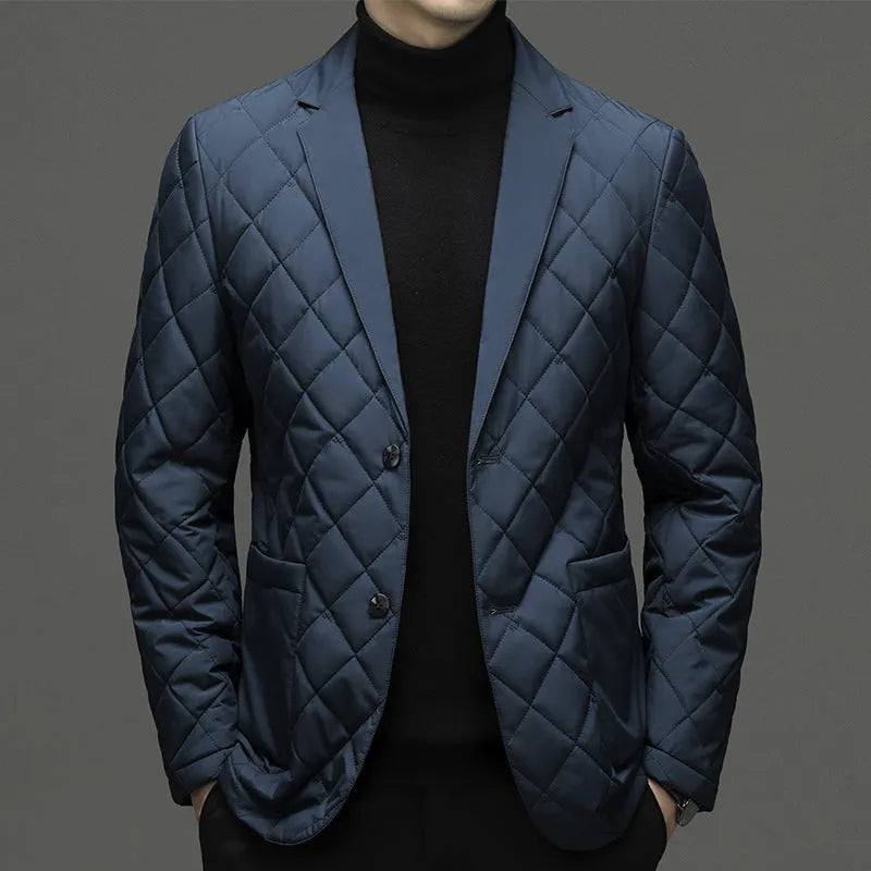 Men's solid colour thick down jacket with lapel collar and side seam pockets.