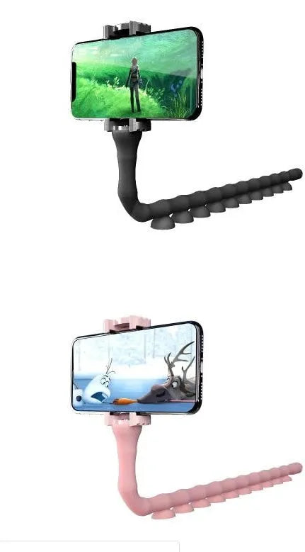 Flexible worm-style lazy bracket mobile phone holder with long silicone arm and black rubber suction cup base.