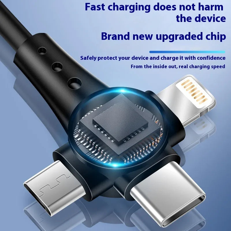 Black telescopic spring data cable with 3-in-1 connector showing Type-C, Micro USB and Lightning ports