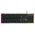 Real mechanical keyboard with RGB backlight, metal frame, 104 keys, and USB cable on a desk