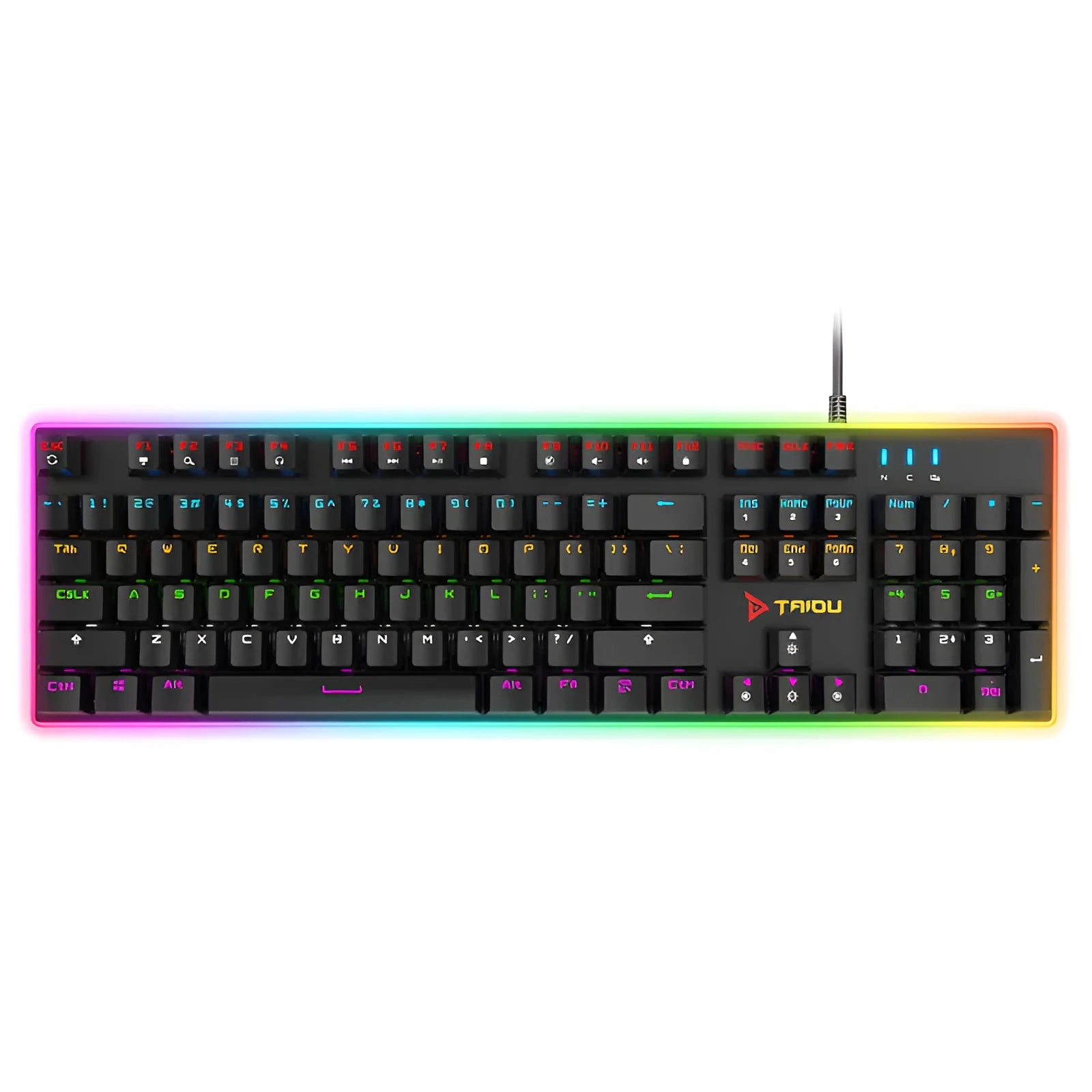 Real mechanical keyboard with RGB backlight, metal frame, 104 keys, and USB cable on a desk