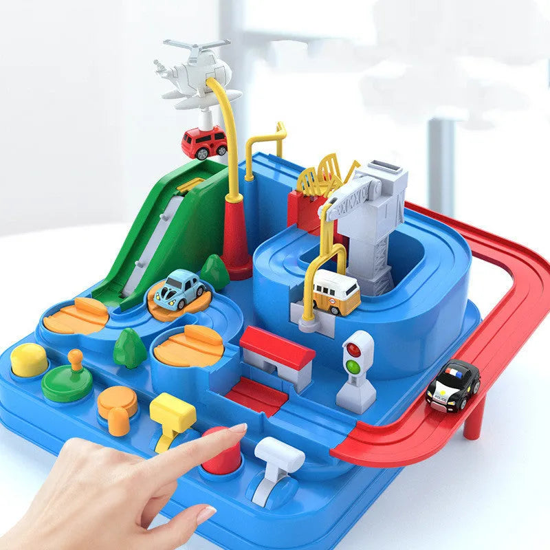 Plastic toy car track set showing adventure parking lot rail system for kids vehicle play