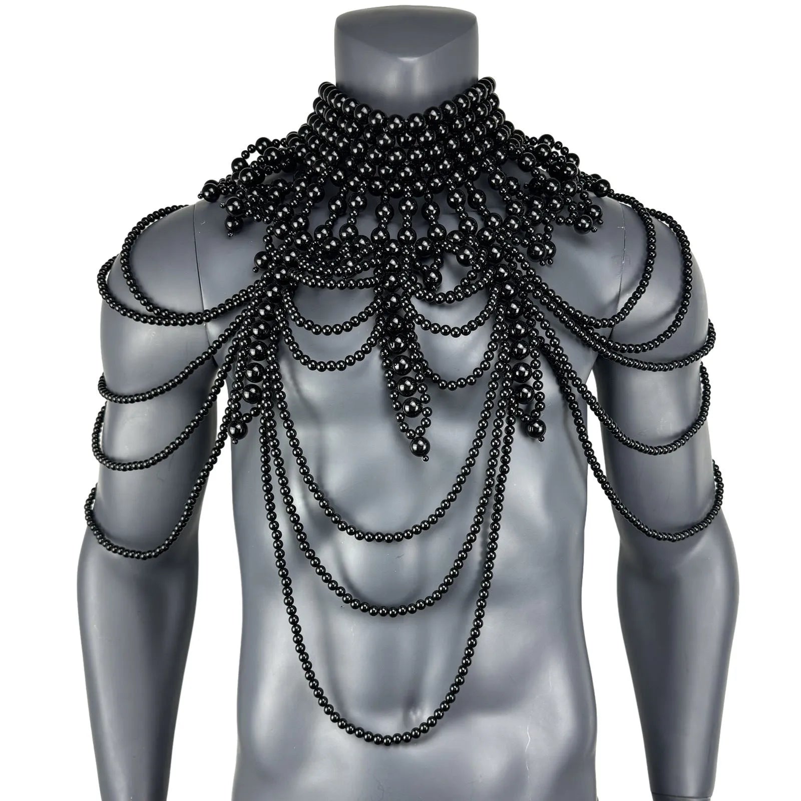 Men's hand-knitted black vest with multi-layer pearl detailing, tight fit, 51cm length, polyester-cotton blend