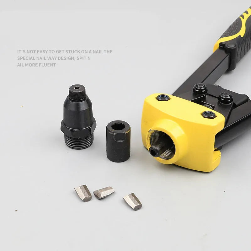 Yellow 13-inch manual household rivet gun with three built-in tips for 3.2mm, 4.0mm, and 4.8mm rivets.