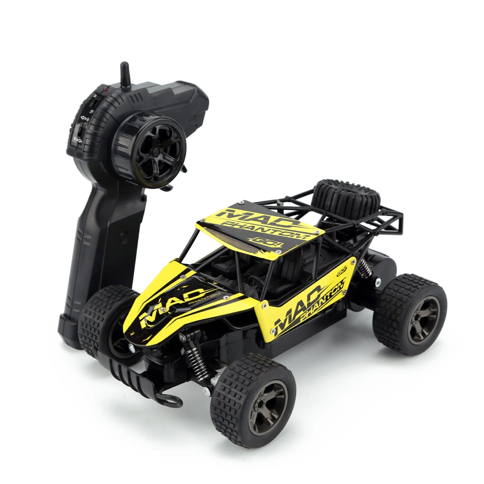 Blue and yellow 1:18 scale high-speed RC drift car with 2.4GHz remote control on an off-road surface