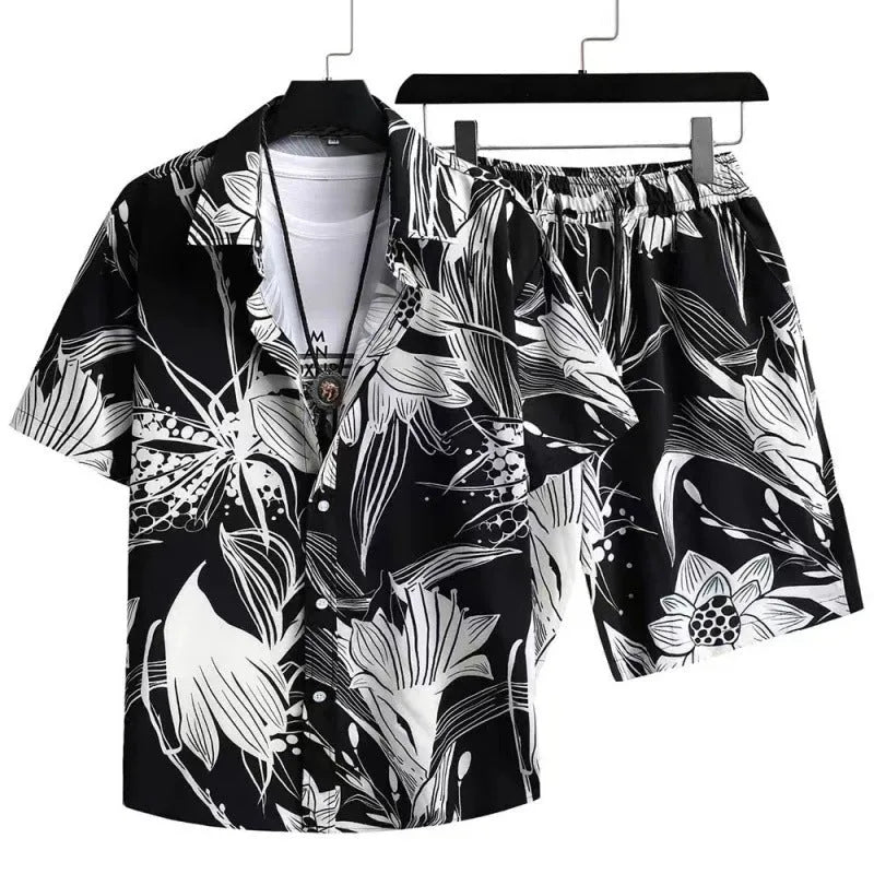 Men's digital print short sleeve shirt and matching shorts in elastic polyester fabric