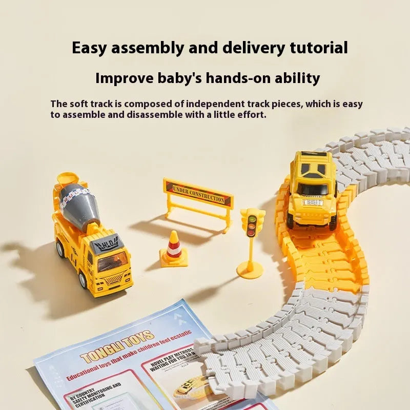 Rail car toy set with plastic track pieces and two electric vehicles in sliding layout