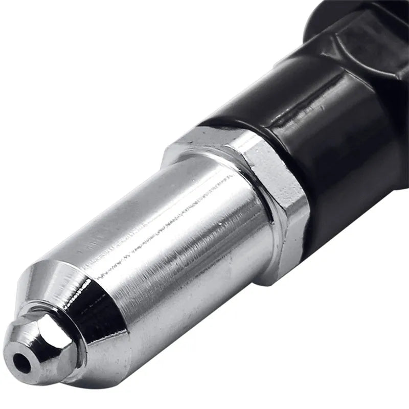 Black metal electric drill rivet gun conversion tool with handle and wrench.
