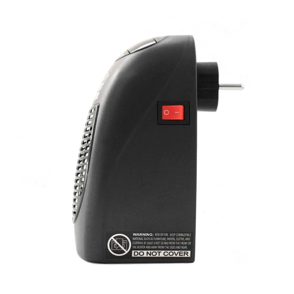 Black compact ceramic mini electric heater with digital display and a rotating three-prong plug.