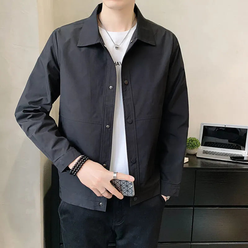 Men's thin single-layer Korean style jacket in light grey for spring and autumn wear.