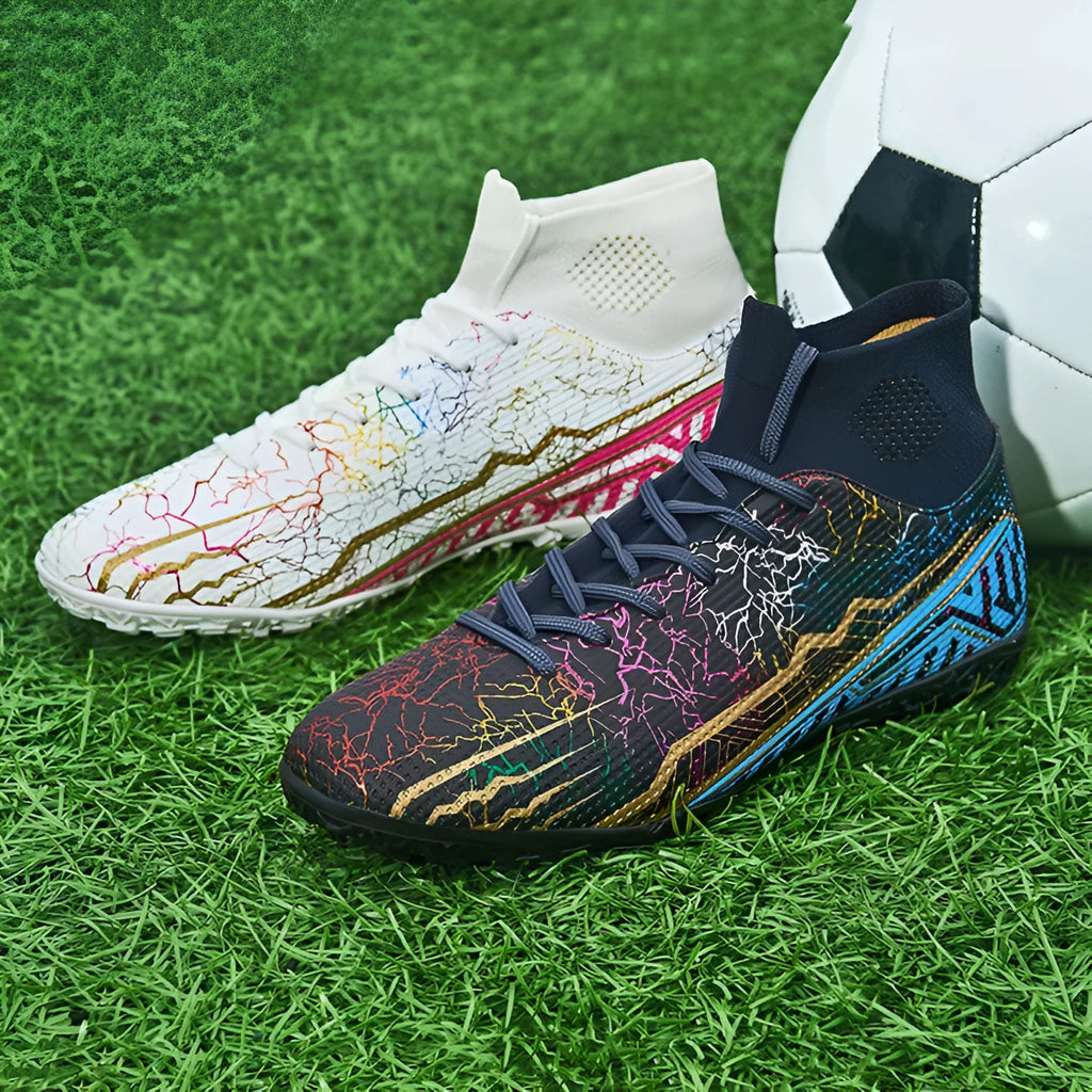 High-top youth spike turf soccer shoes in spike-black with rubber sole and PVC upper on artificial grass