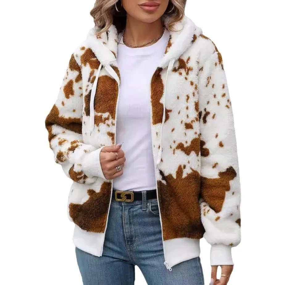 Yellow-brown animal print hooded zip-up cardigan jacket with regular sleeves