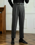 Grey straight high-waist casual trousers with elastic waistband on hanger