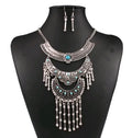 Vintage turquoise diamond necklace and earrings set in alloy with artificial gemstone inlay, ancient gold finish